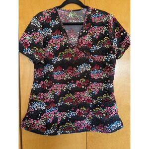 GT Performance Womens Floral Polka Dot Mock Wrap Scrub Top Black GT507ADF Large